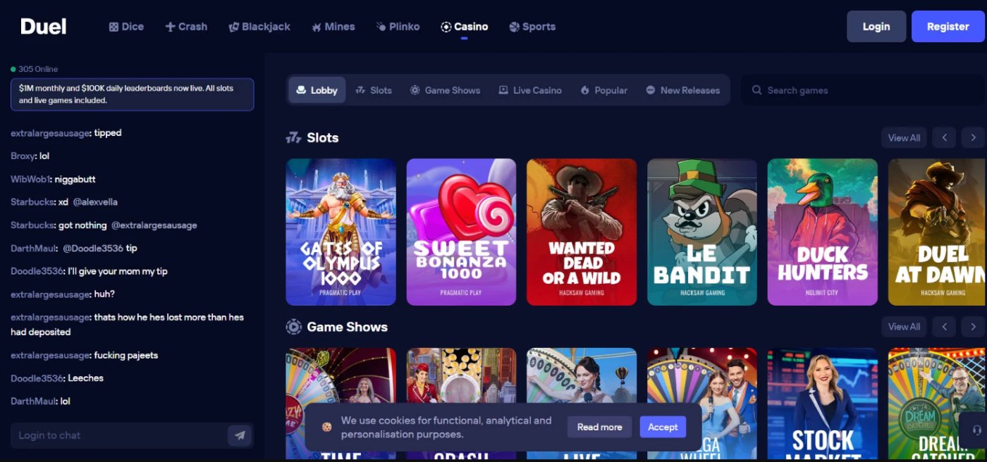 Duel Casino lobby — slots library with Pragmatic Play, Hacksaw and live game shows