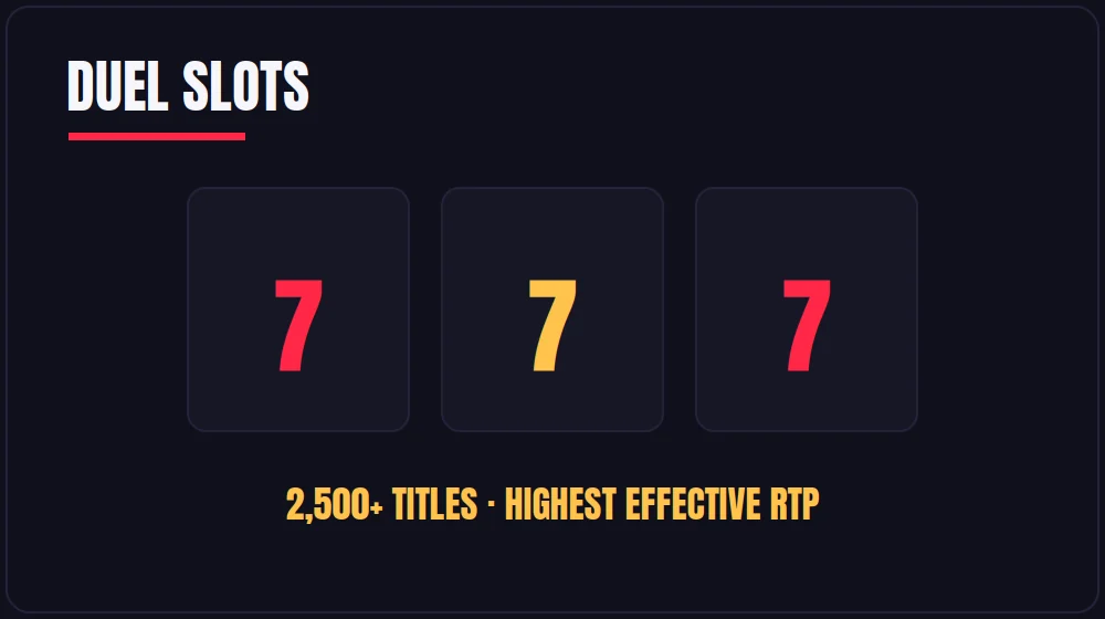 Duel Casino slots — 2,500+ titles from Pragmatic Play, NoLimit City and Hacksaw with the highest effective RTP via rakeback