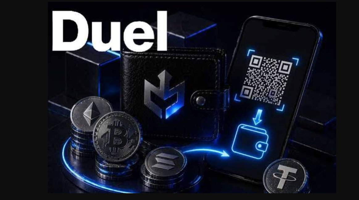 Depósito cripto en Duel — wallet BTC, ETH, SOL y USDT con pago QR móvil